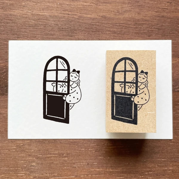 STAMP MARCHE Maru-chan Illustration Rubber Stamp - Peeking from the Door