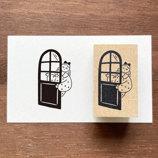 STAMP MARCHE Maru-chan Illustration Rubber Stamp - Peeking from the Door