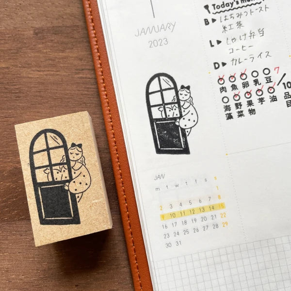 STAMP MARCHE Maru-chan Illustration Rubber Stamp - Peeking from the Door