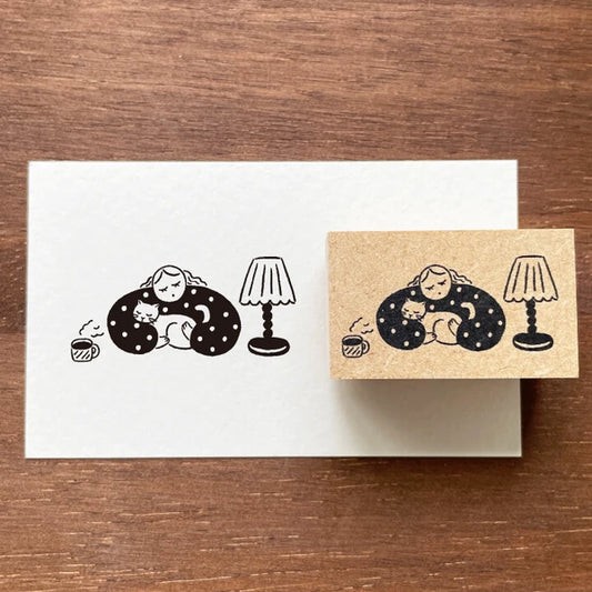 STAMP MARCHE Maru-chan Illustration Rubber Stamp - Coffee and Cat