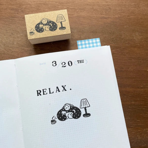 STAMP MARCHE Maru-chan Illustration Rubber Stamp - Coffee and Cat